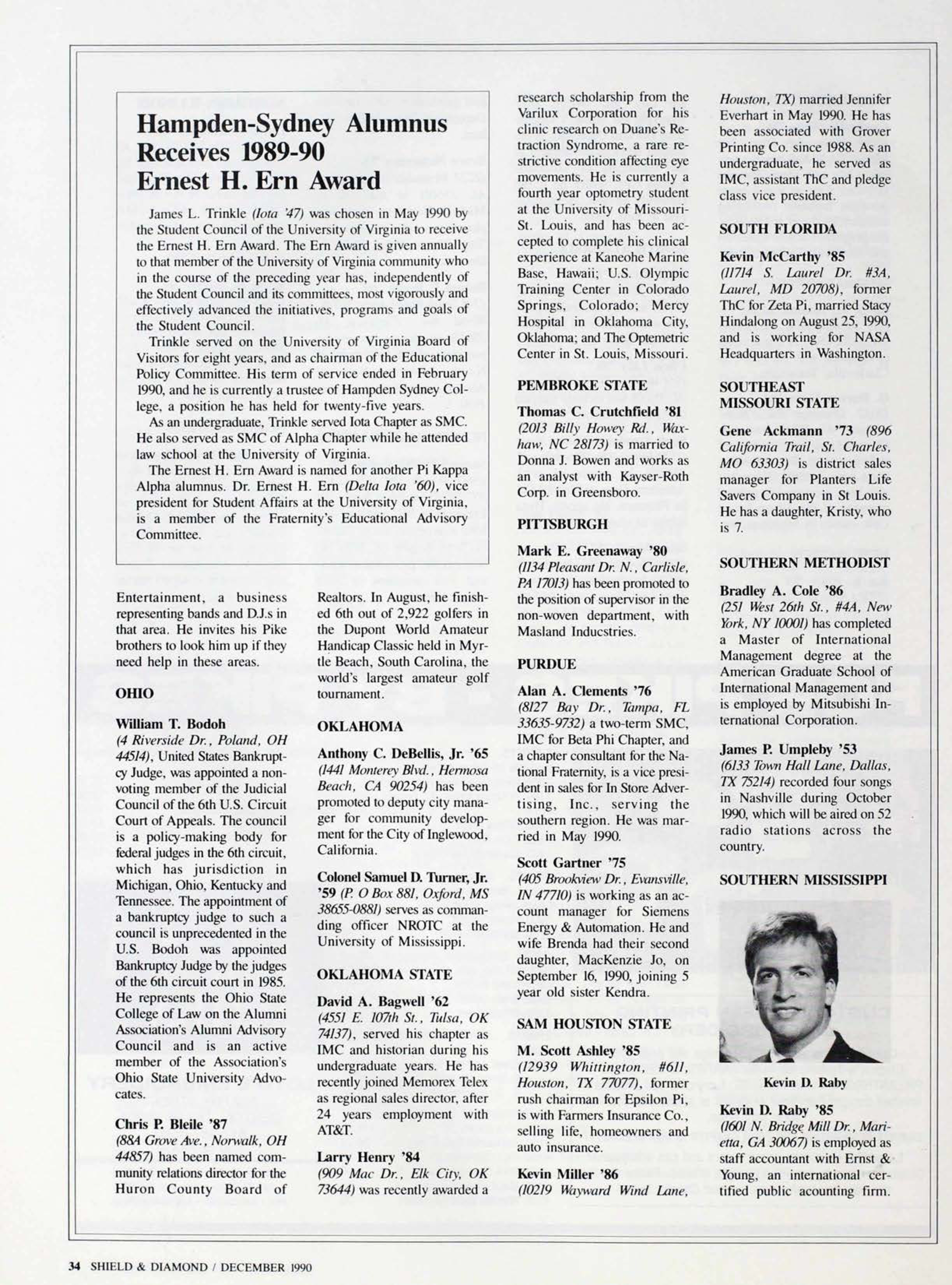 Hampden-Sydney Alumnus Receives 1989-90 Ernest H. Ern Award